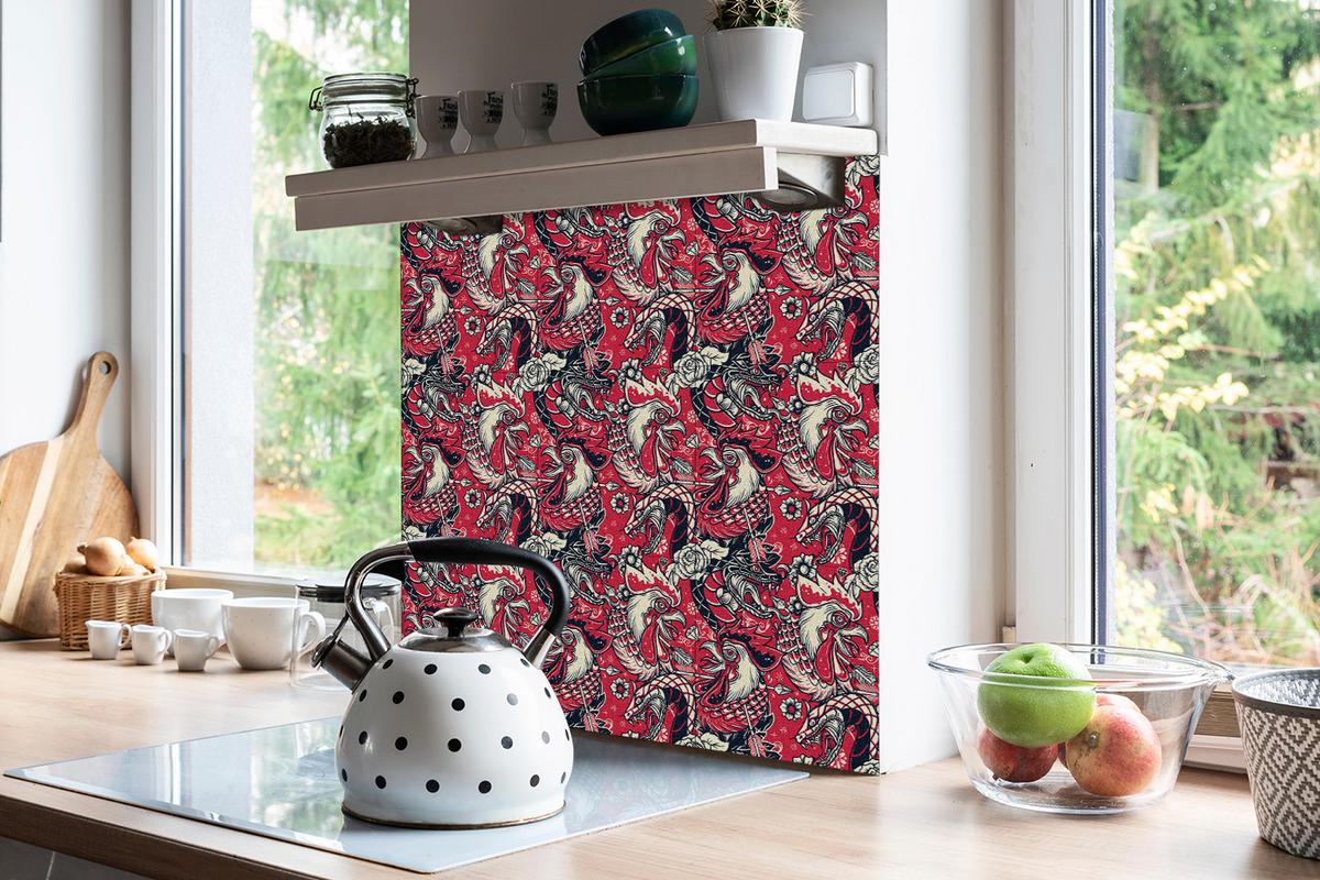 SELBSTKLEBENDE Wandfliesen 9 Stück 30x30 cm - Die Schlange und der Hahn - Rot, Textil (30/1.6/30cm) - TULUP