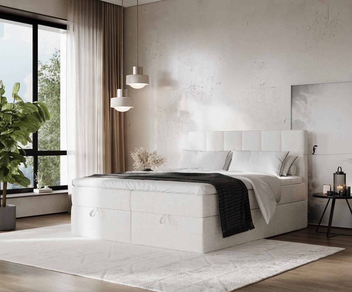 BOXBETT Savio 140/200 cm Creme im Neve Stoff - Creme/Schwarz, Holz/Holzwerkstoff (140/200cm) - AltaBeds
