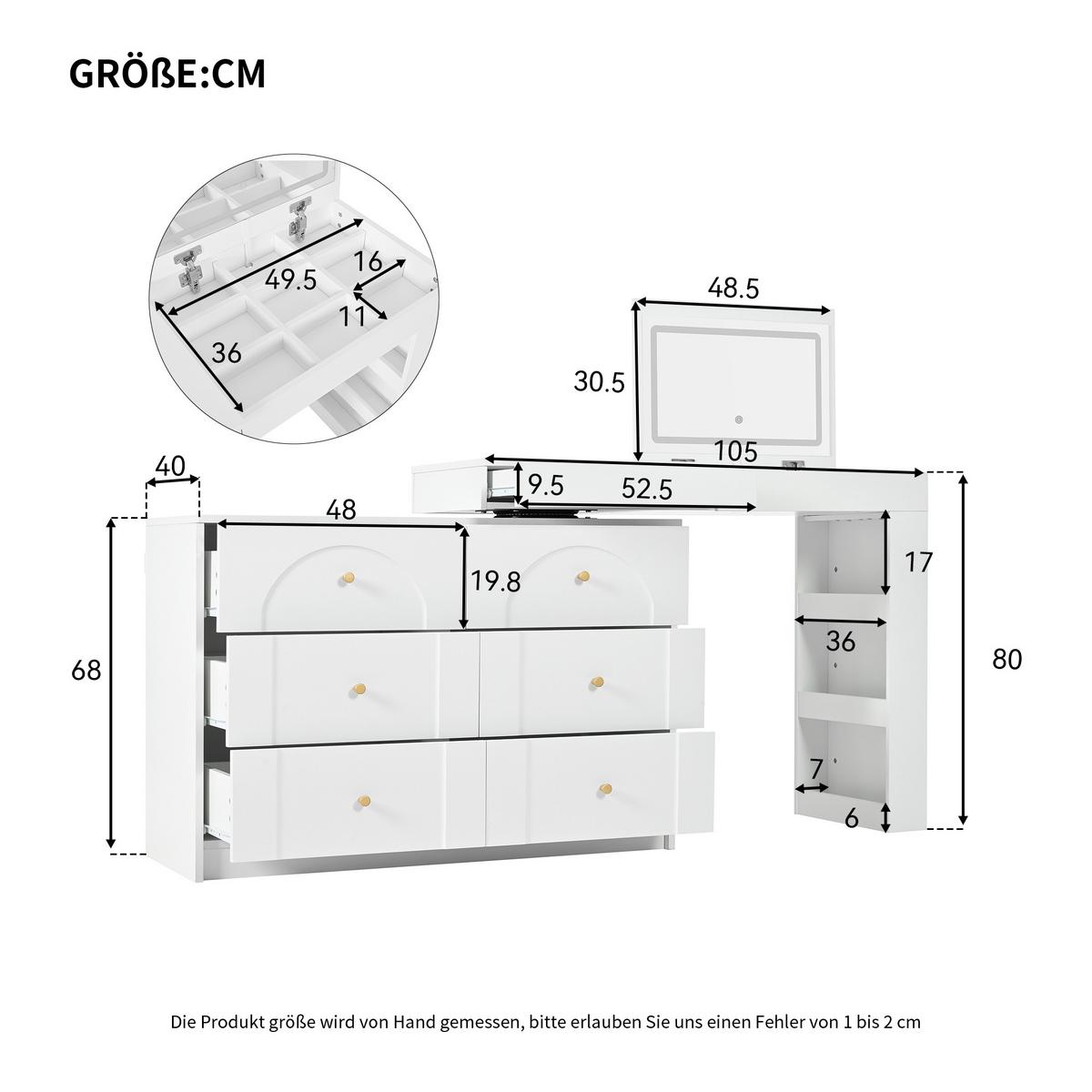 SCHMINKTISCH 2-in-1 Schreibtisch (drehbar) in Weiß mit LED-Spiegel & 7 Schubladen - Weiß, Holzwerkstoff (105/80/40cm) - Urban Meuble