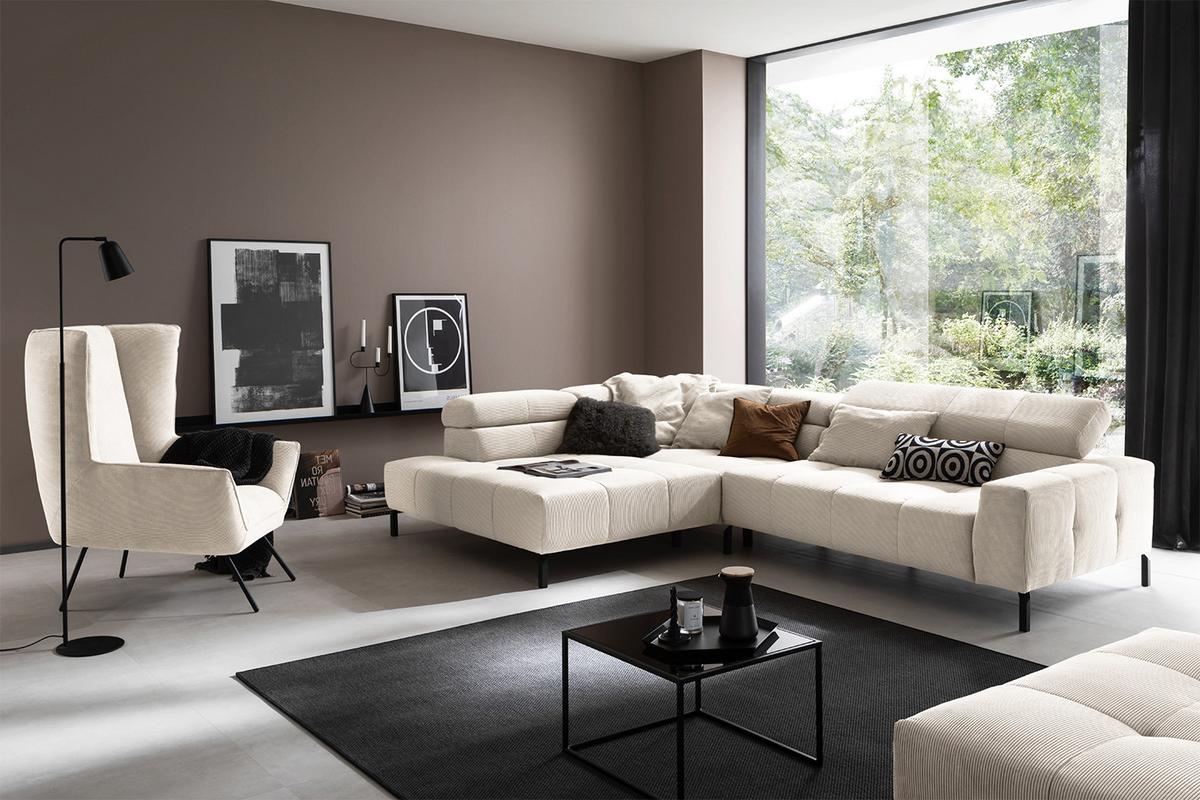 ECKSOFA OHIO Weiß Cord - Schwarz/Weiß, Textil/Metall (311/219cm) - KAWOLA