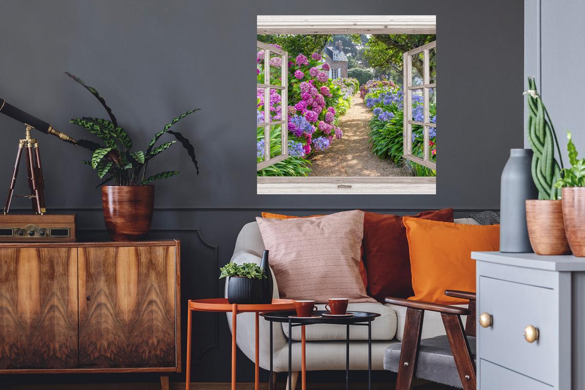 WANDTATTOO Hortensie - Durchsichtig - Blumen - Sommer - Lila - Weg Wanddeko 50x50 cm - Lila, Kunststoff (50/50/0.1cm) - MuchoWow