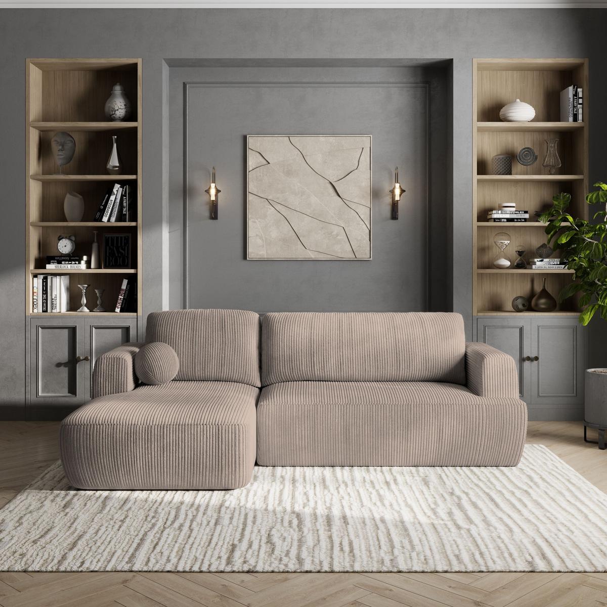 ECKSOFA SENTI P L-S Beige Kordstoff mit Schlaffunktion - Beige/Schwarz, Holz/Kunststoff (246/148cm) - MASSENO