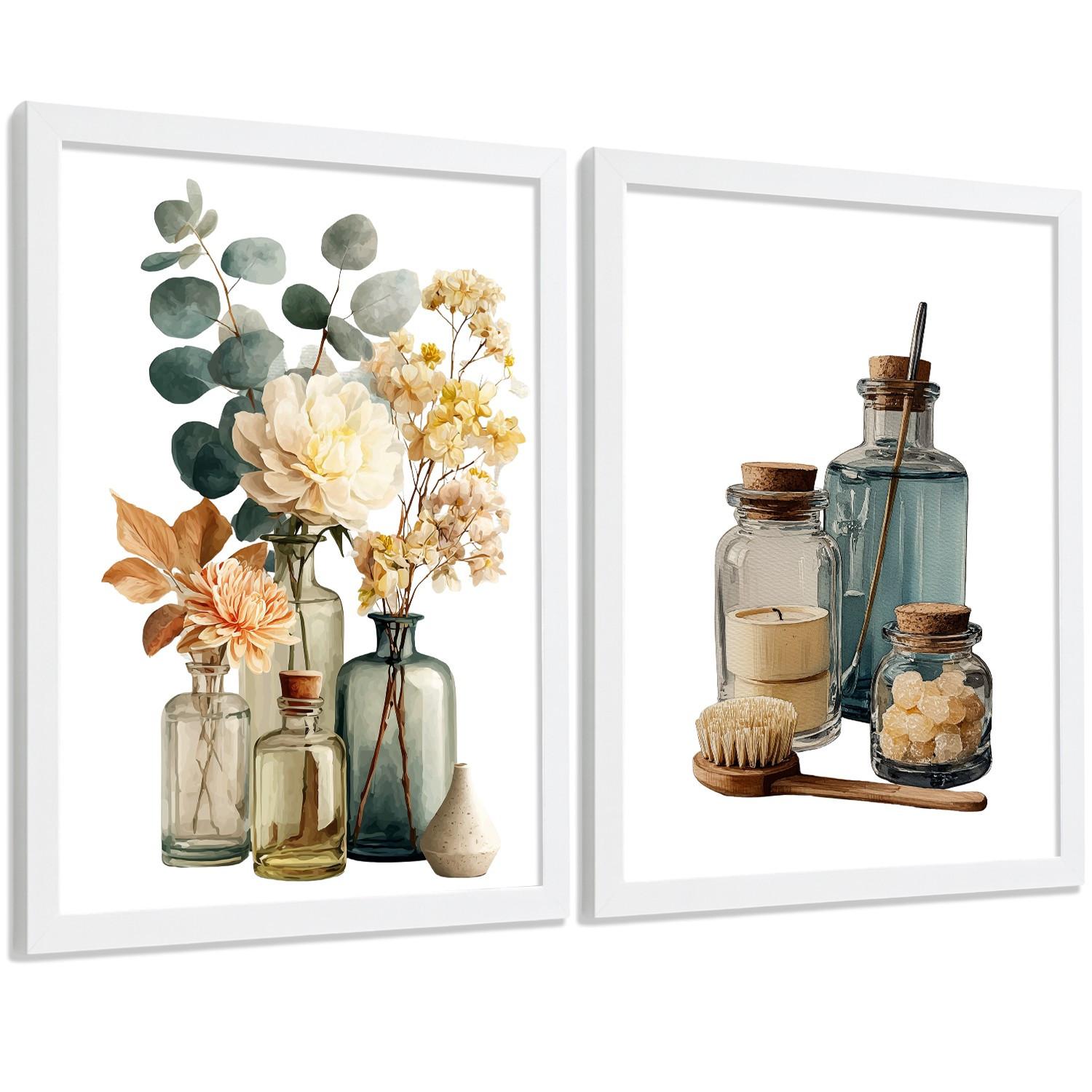 POSTER 2er-Set dekorative Badezimmer-Poster, minimalistische Wandbilder für Waschbecken, moderne Dekoration mit Blumen und Flaschen Weißer Rahmen A3 - Weiß, Papier (42/29.7/3cm) - Nacnic