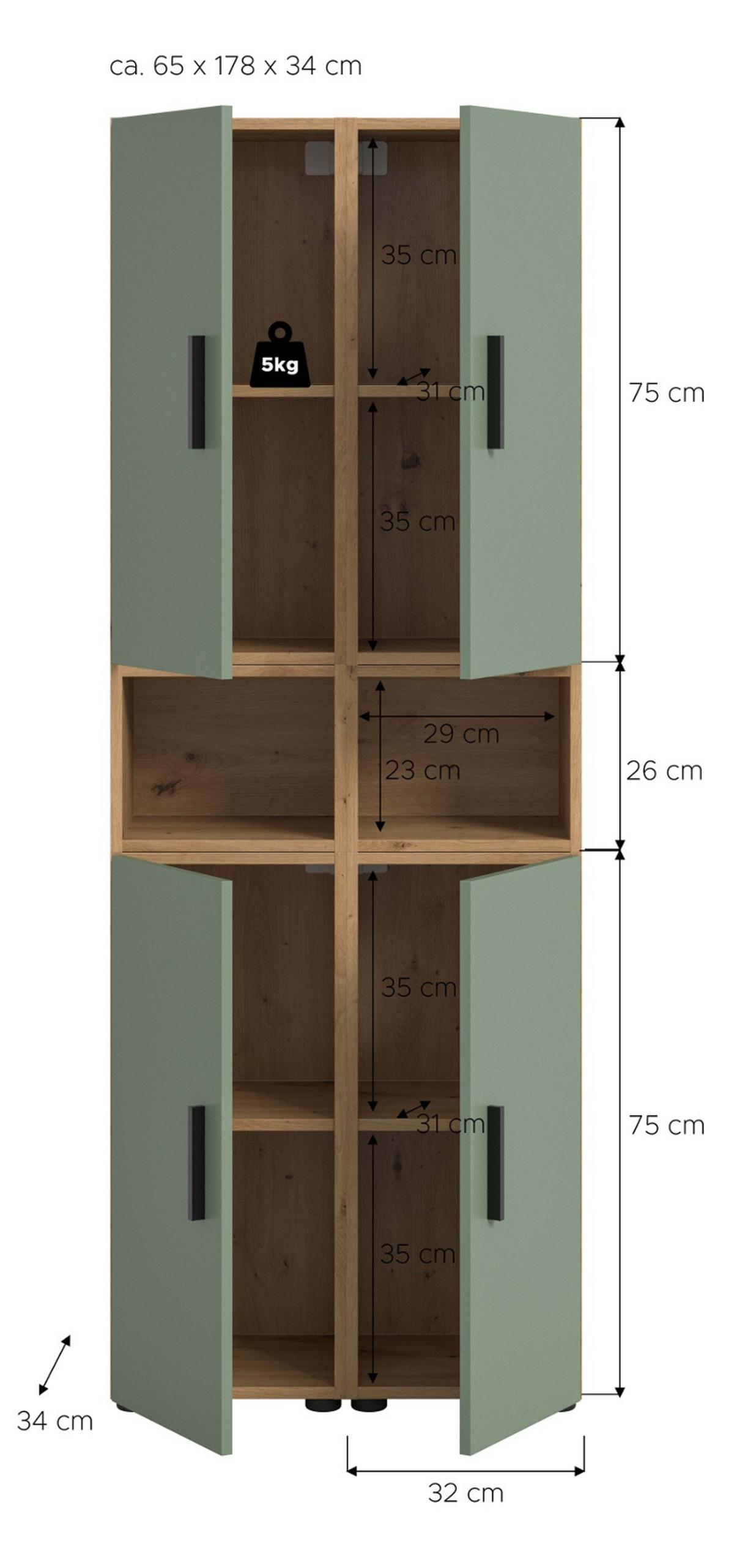 STAURAUMSCHRANK grün, Eiche Artisan 65 x 178 cm, Mehrzweckschrank mit viel Stauraum - Schwarz/Eiche Artisan, Holzwerkstoff/Kunststoff (65/178/34cm) - Inn.Furn