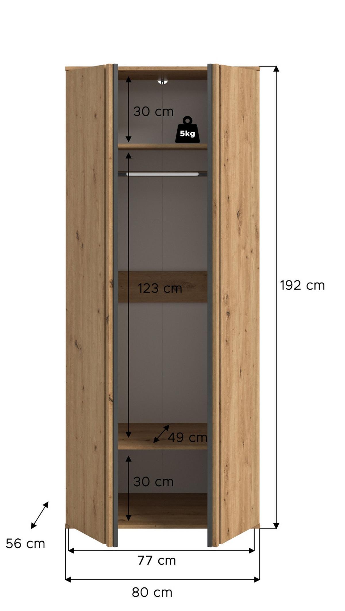 KLEIDERSCHRANK Eiche Artisan, grau 80 x 192 cm, Drehtürenschrank 2-türig - Anthrazit/Eiche Artisan, Holzwerkstoff (80/192/56cm) - Inn.Furn
