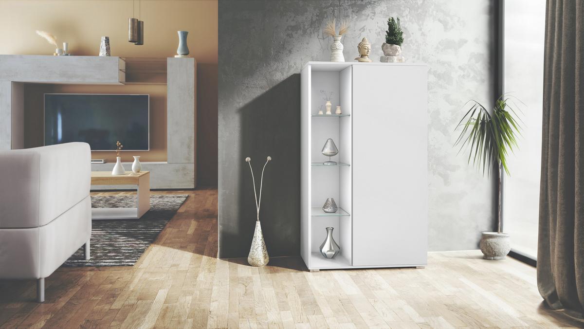 VITRINE Davos Weiß matt - Weiß, Holzwerkstoff (71.5/134/35cm) - Vladon