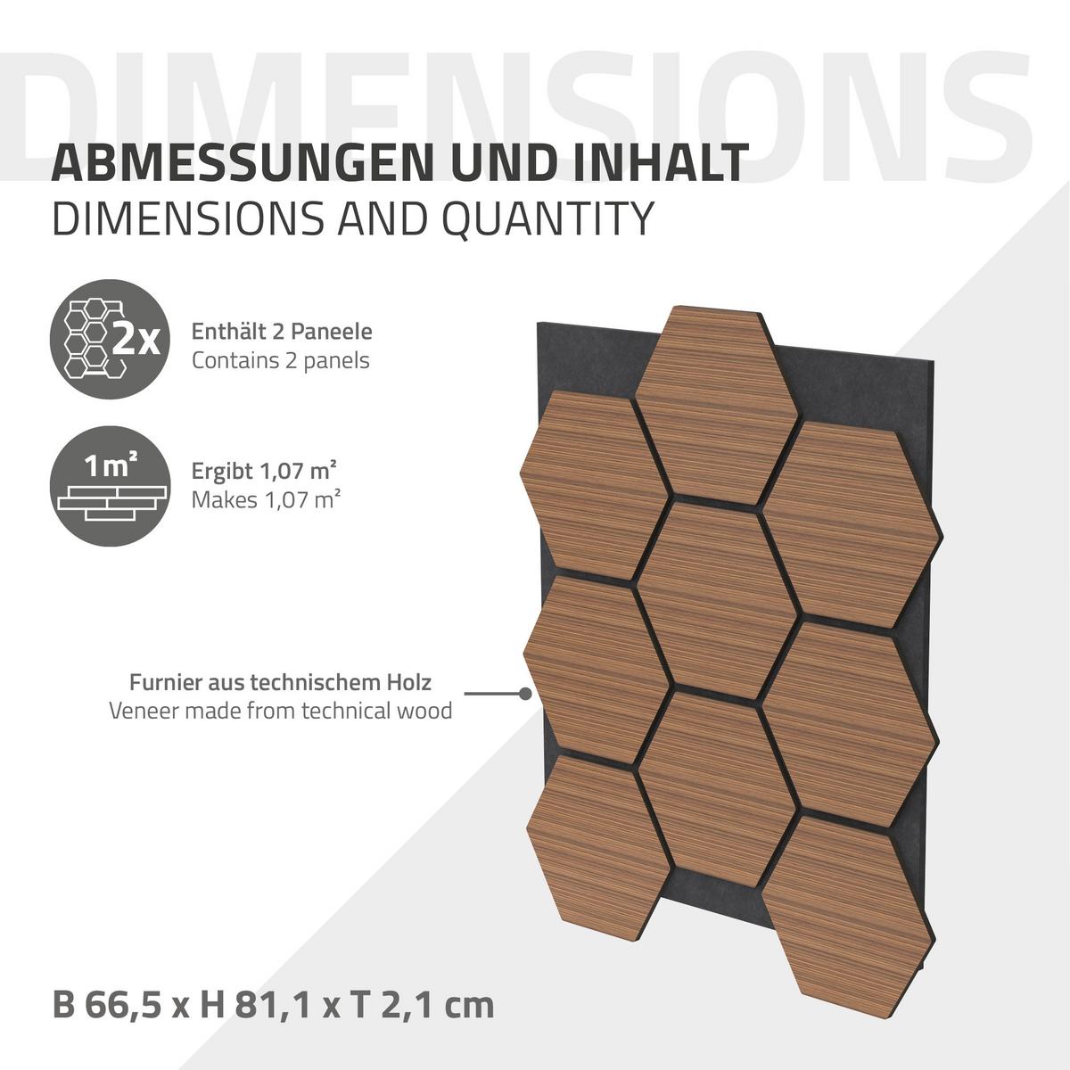 AKUSTIKPANEEL 2er Set Schallschutzplatten Hexagon Teak Holzoptik 66x81x2 cm aus Filz - Dunkelbraun, Holzwerkstoff (2.1/81.1/66.6cm) - ML-DESIGN