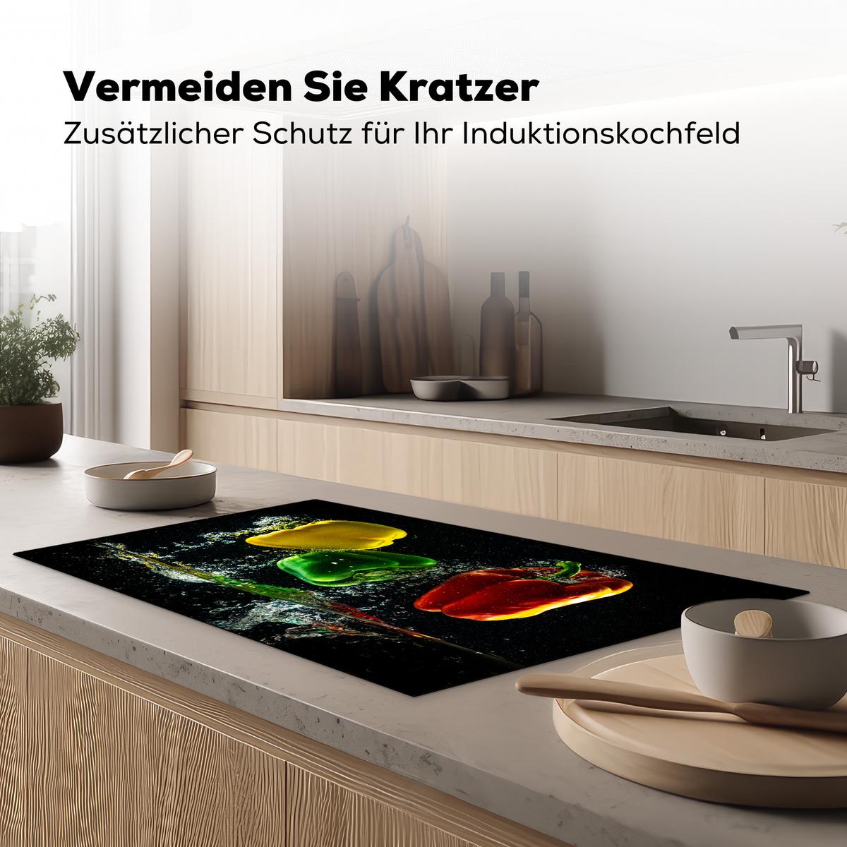 HERDABDECKPLATTE Paprika - Gemüse - Wasser - Schwarz - Rot - Grün - Gelb Induktionsschutz 91.2x52 cm - Multicolor, Kunststoff (91.2/52/0.2cm) - MuchoWow