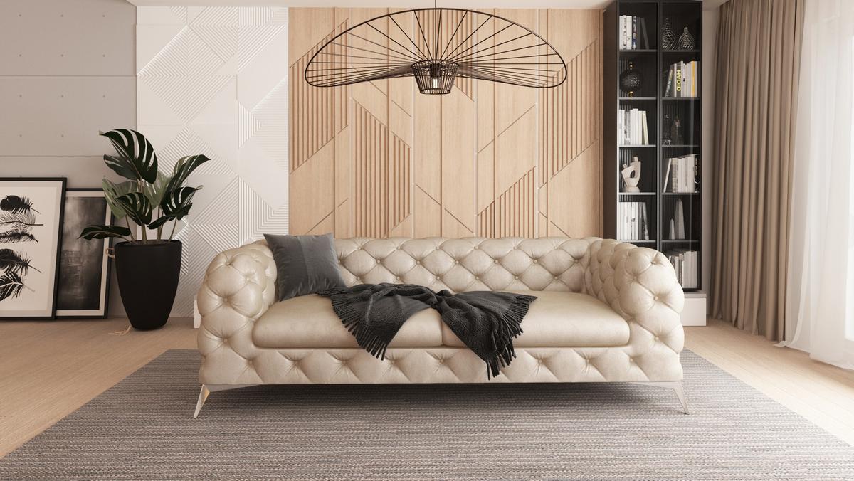 CHESTERFIELD-SOFA 3-Sitzer Quantum Beige Samt - Beige/Silberfarben, Holz/Textil (225/75/100cm) - S-Style Möbel