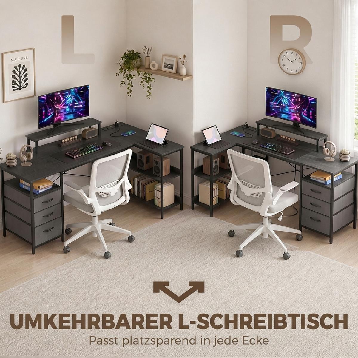 L-FÖRMIGER-SCHREIBTISCH Spanplatte Stahl Schwarz - Schwarz, Holzwerkstoff/Textil (170/100/91cm) - HOMCOM
