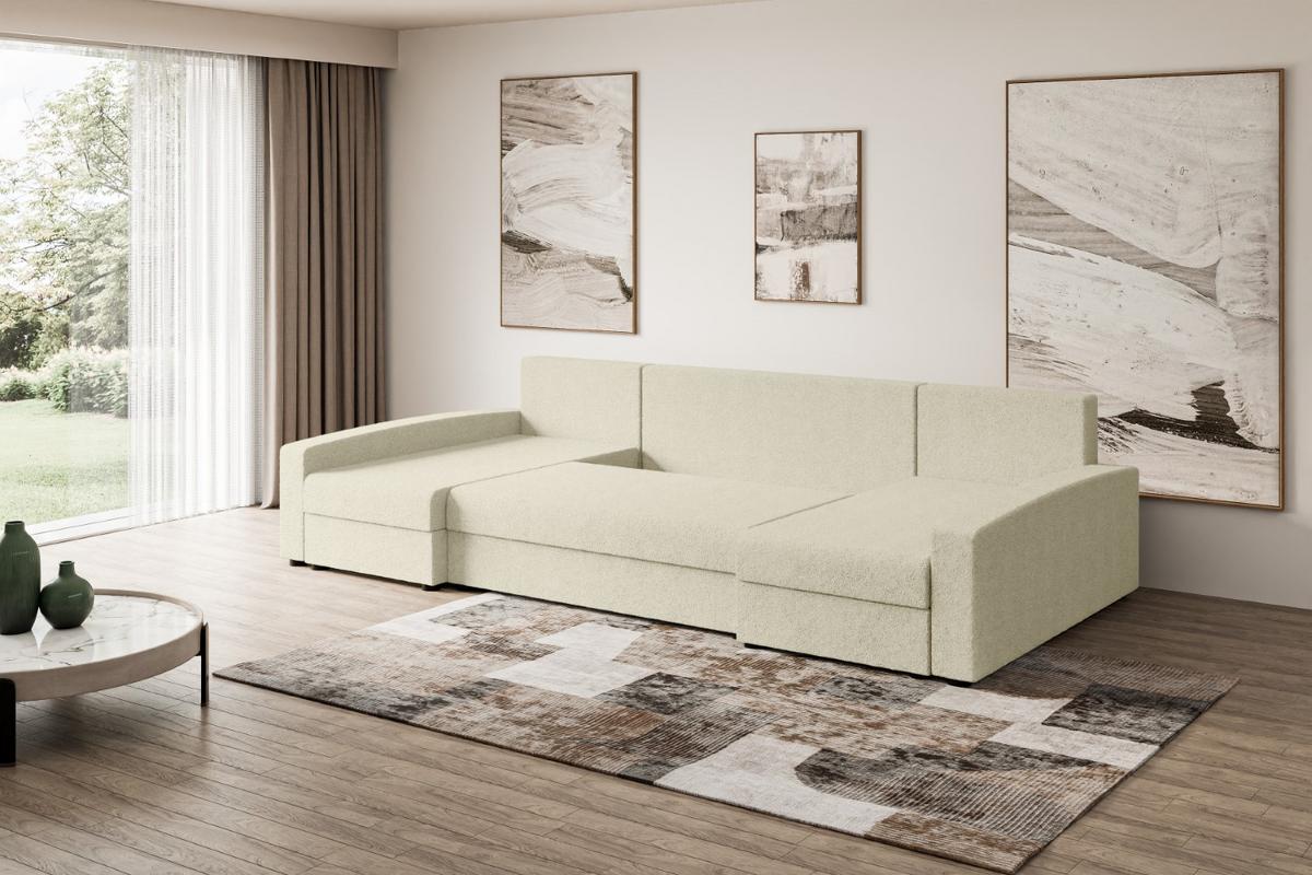 WOHNLANDSCHAFT mit Schlaffunktion und Bettkasten ALESIA-U 301x140x90 cm Beige Bouclé - Beige/Silberfarben, Holzwerkstoff/Kunststoff (301/90/140cm) - ALTDECOR