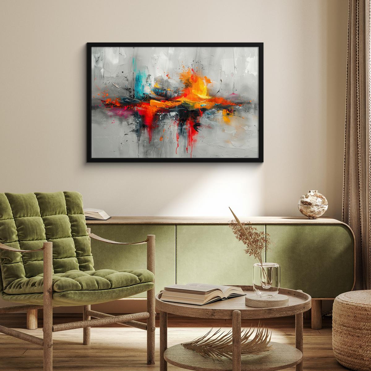 POSTER MIT RAHMENGERAHMTES BILD Moderne Kunst - Orange - Grau - Abstrakt 90x60 cm - Hellgrau, Papier (90/60cm) - MuchoWow