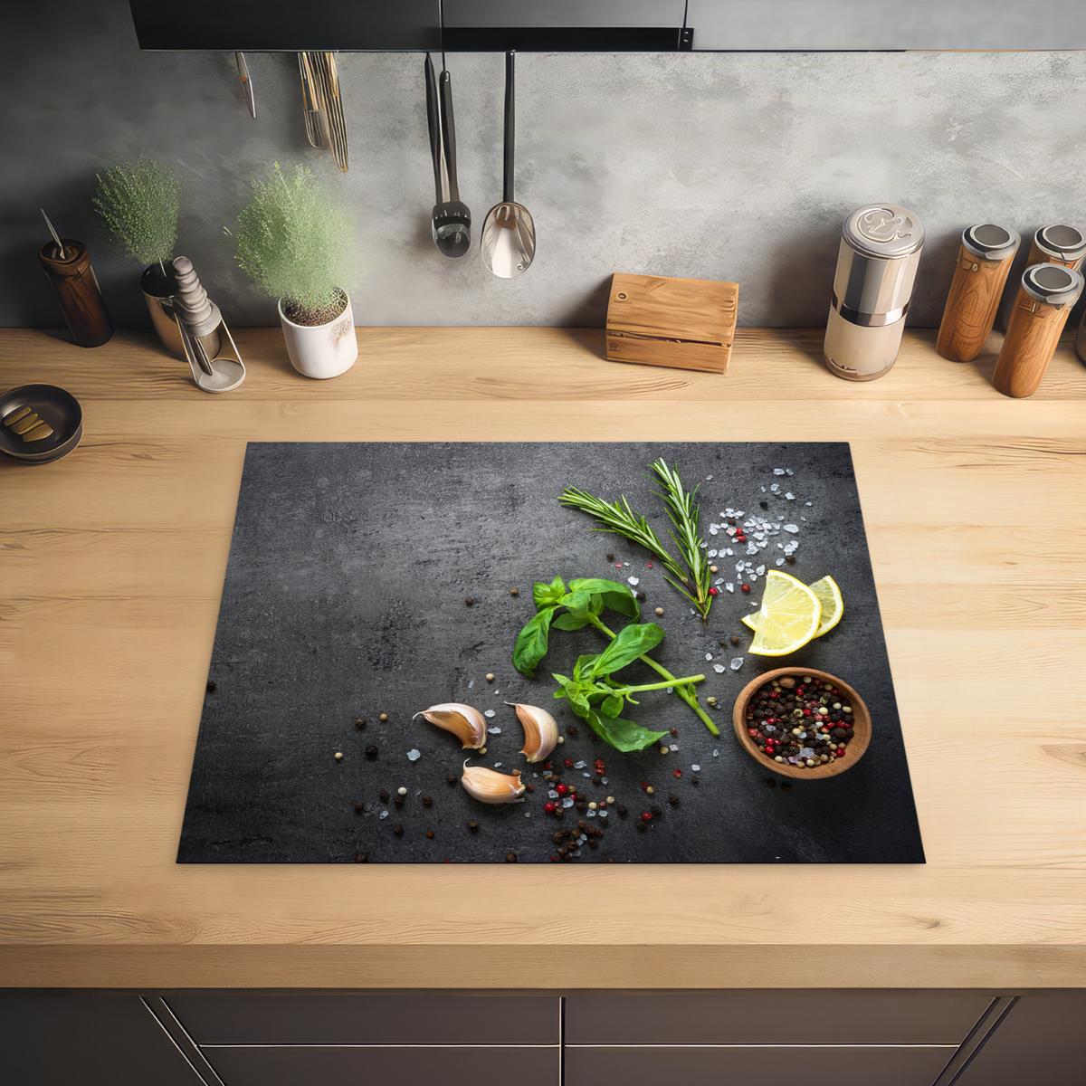 HERDABDECKPLATTE Limette - Kräuter - Gewürze - Grün - Grau - Beton Herdabdeckung Induktionsfeld 65x52 cm - Grün, Kunststoff (65/52/0.2cm) - MuchoWow