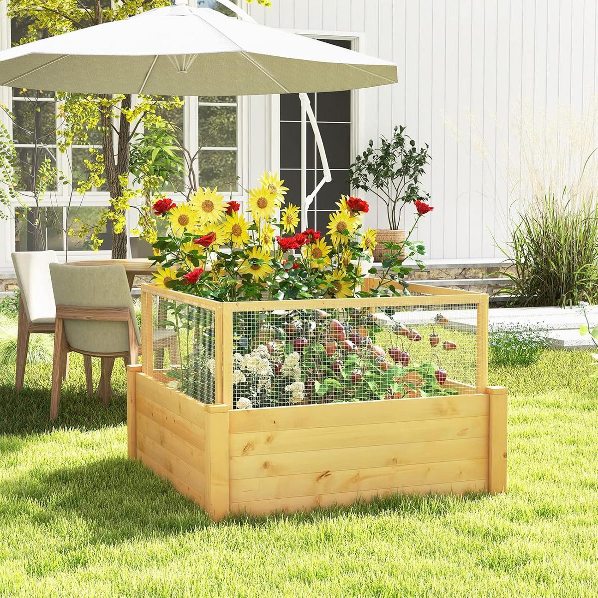 HOCHBEET mit Zaun Holz - Apfelbaumfarben, Holz (107/70/107cm) - COSTWAY