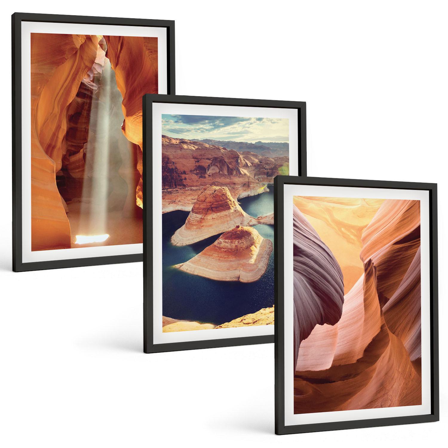 BILDER SET 3er Set - 40x60 cm Schwarzer Rahmen - Wasserfall in der Schlucht - Schwarz, Kunststoff (40/60cm) - TULUP