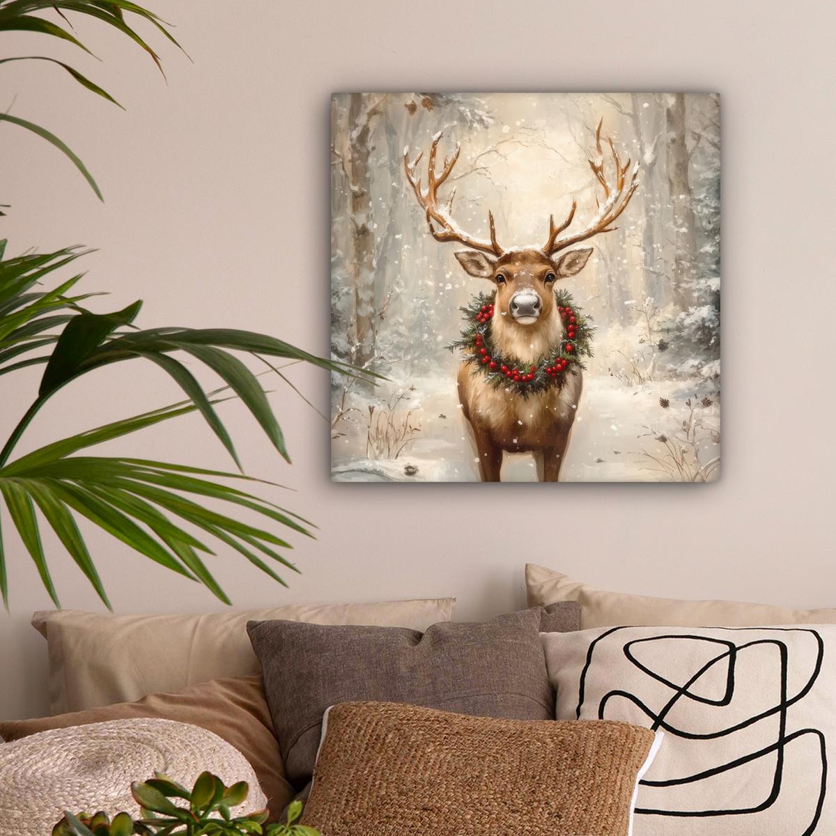 LEINWANDBILD Weihnachten - Rentier - Winter - Kranz Wandbild Wohnzimmer 50x50 cm - Naturfarben, Textil (50/50cm) - MuchoWow
