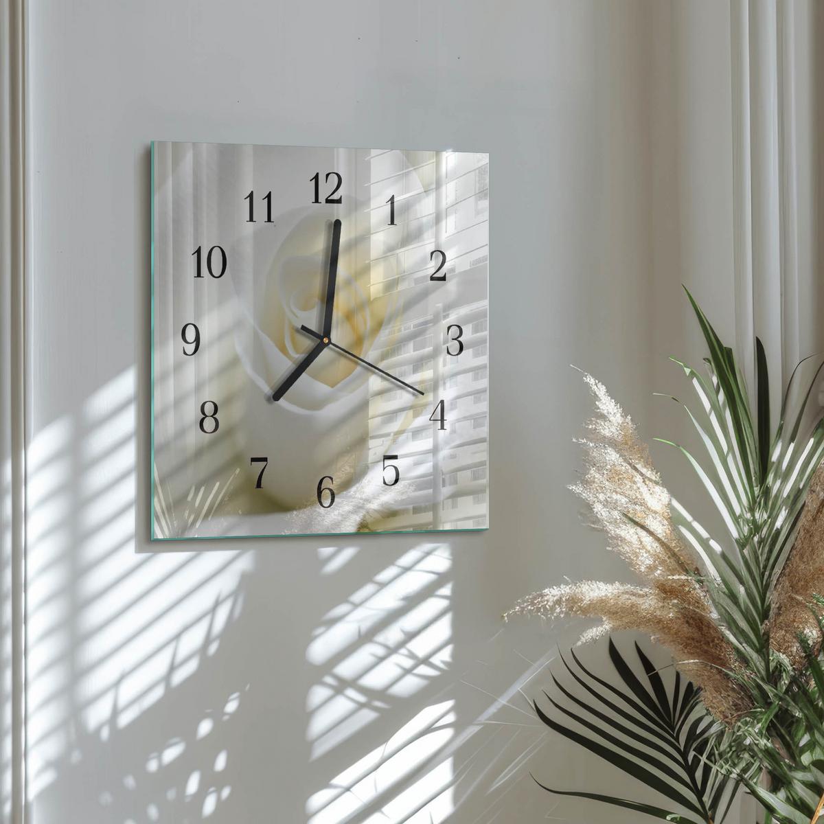 WANDUHR aus Glas 30x30 cm - Weiße Rose - Weiß, Glas (30/30/0.4cm) - TULUP