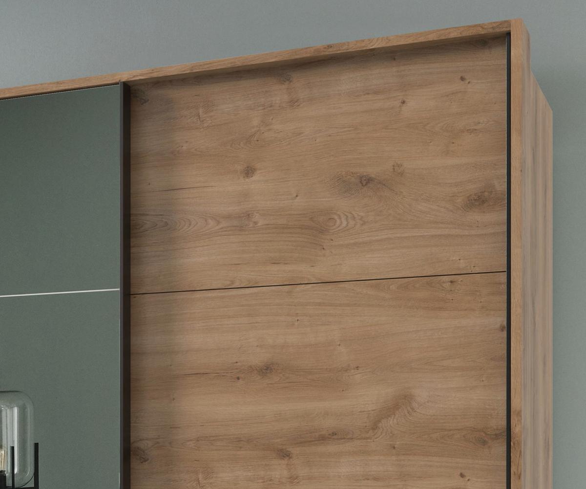 SCHWEBETÜRENSCHRANK 3-türig B273/H213/T64 cm, Eiche Dekor/Spiegel, Passepartout-Kleiderschrank mit Schubladen & Vollausstattung / 22618 - Eichefarben/Schwarz, Holzwerkstoff/Metall (273/213/64cm) - luma-home