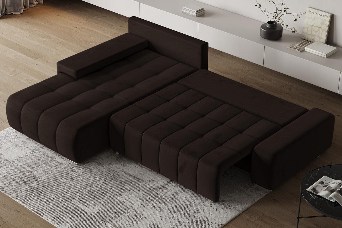 ECKSOFA ALESE L-S Braun Velours-Stoff mit Schlaffunktion - Silberfarben/Braun, Holz/Textil (265/185cm) - MASSENO