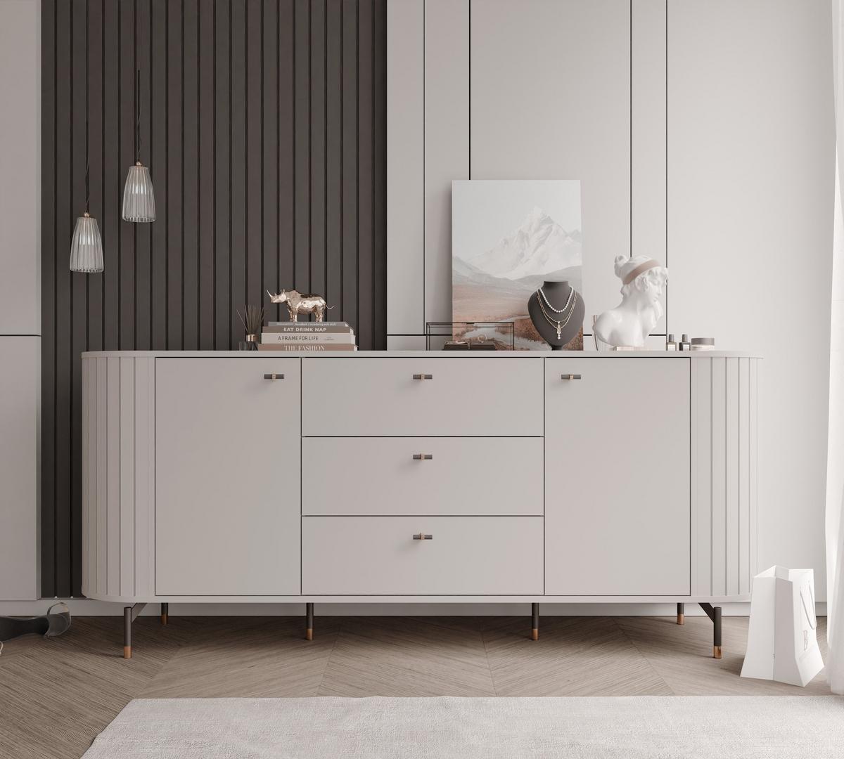 KOMMODE geriffelt, mit drei Schubladen, Kaschmir - Kaschmir, Holzwerkstoff (190/81/40cm) - Idohome