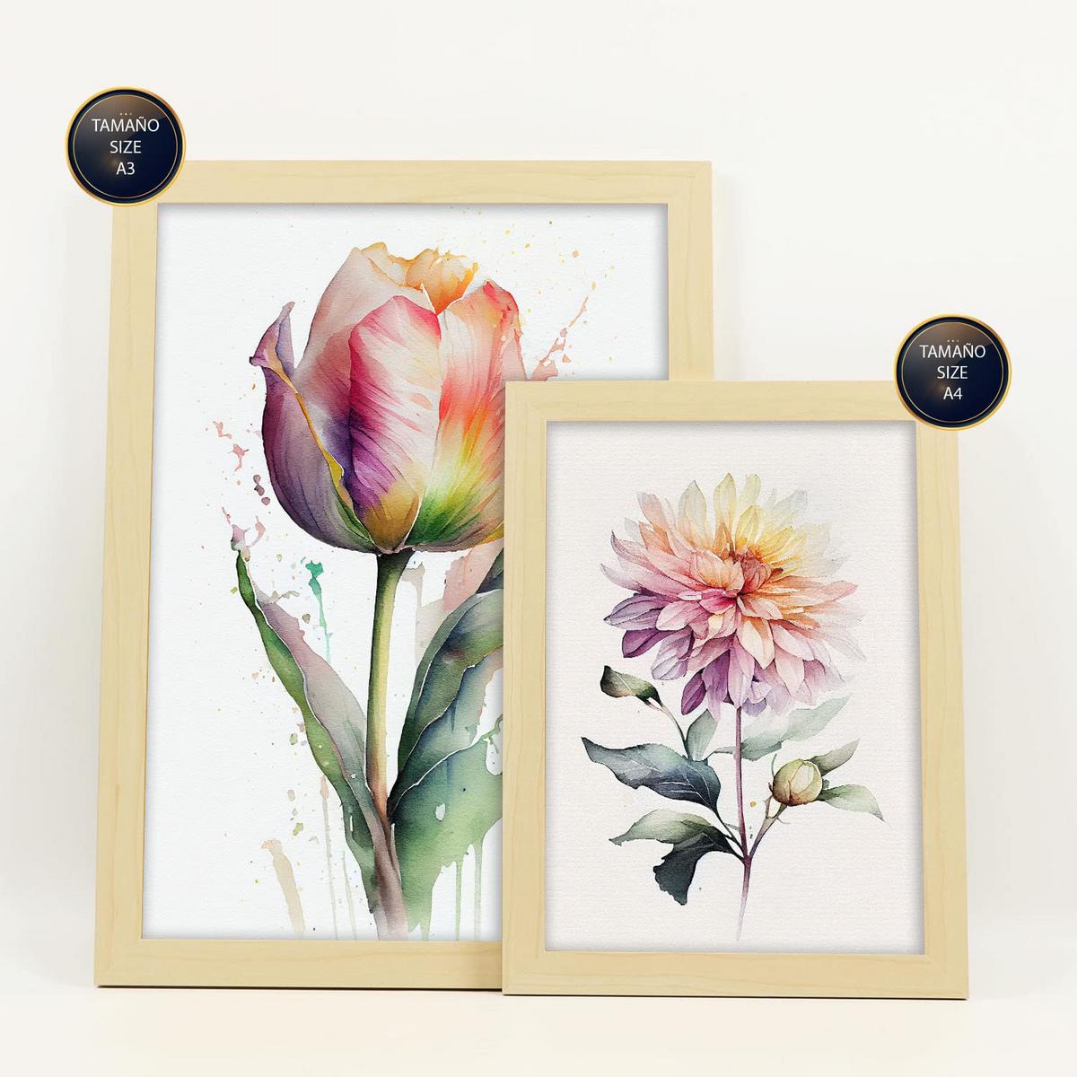 POSTER Set Mit 6 Wilde Blumen Vollfarbige Natur Und Botanikdrucke Mit Blumenmotiven Auf Reinweißen Hintergründen A3 & A4 Rahmen Aus Hellem Holz - Beige, Papier (29/3cm) - Nacnic