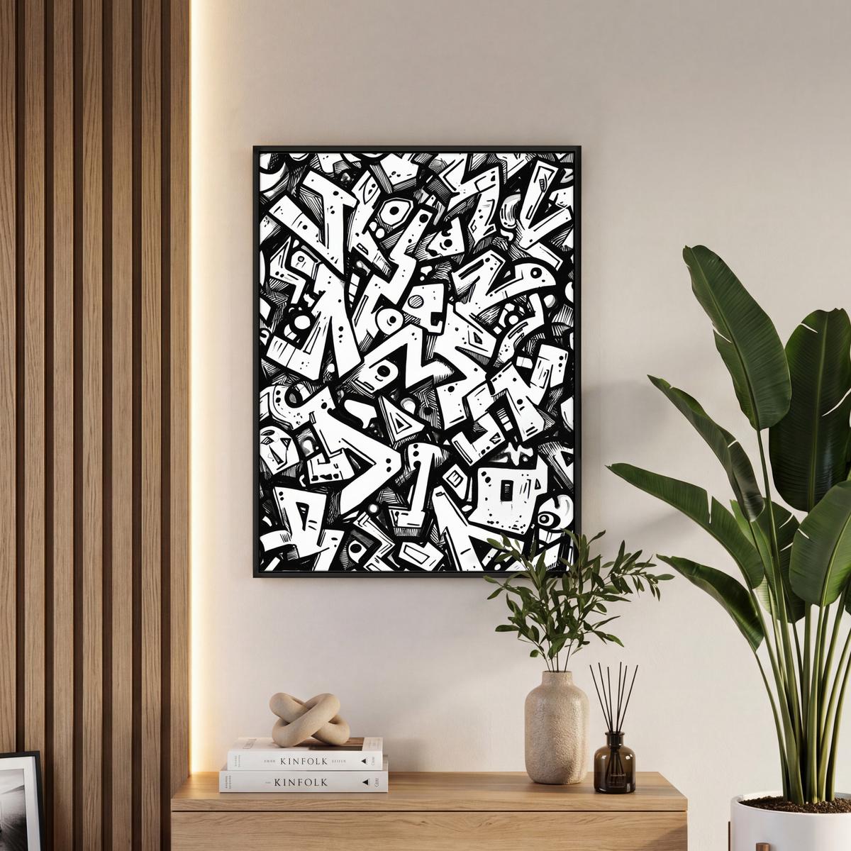 LEINWAND Bilder mit Rahmen - Formen - Buchstaben - Graffiti - Schwarz - 60x80 - Schwarz, Textil (60/80cm) - MuchoWow