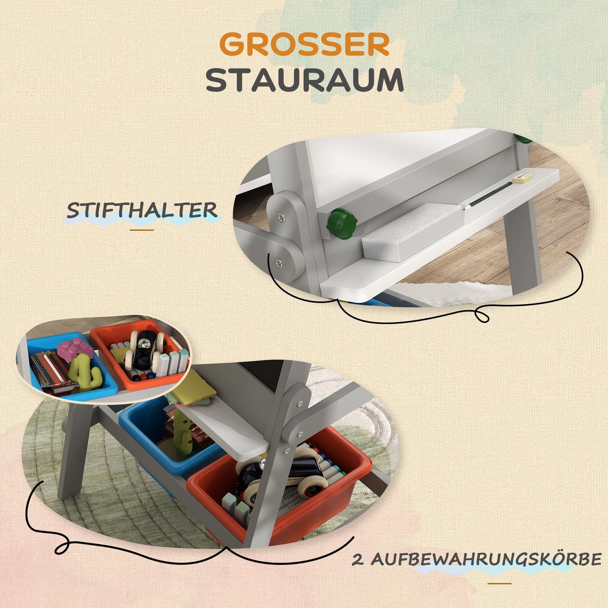 3-IN-1 Kindertafel, doppelseitige Kinder Staffelei mit Kreidetafel, Whiteboard - Grau, Holzwerkstoff (50/108/51cm) - AIYAPLAY