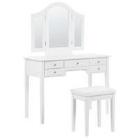 SCHMINKTISCH 3-teiliger Klappspiegel Hocker 5 Schubladen weiß Lumiere - Weiß, Holzwerkstoff (95/144/45cm) - Beliani