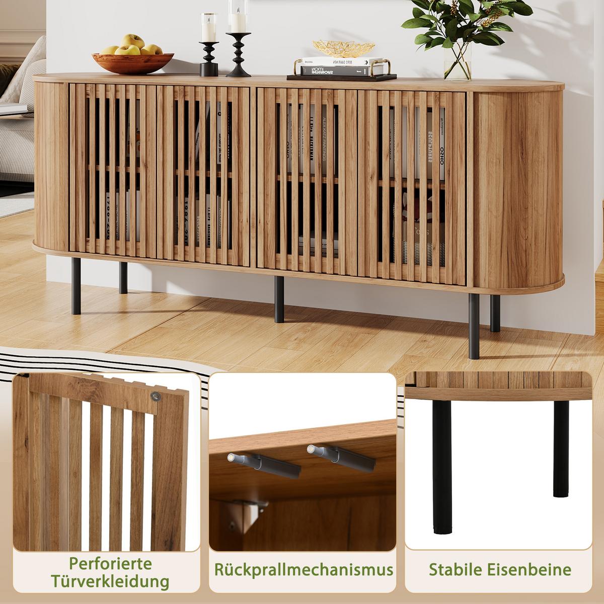 SIDEBOARD Naturholzoptik 160cm mit 4 Lamellentüren & Metallfüßen - Naturfarben, Holzwerkstoff (160/70/40cm) - Urban Meuble