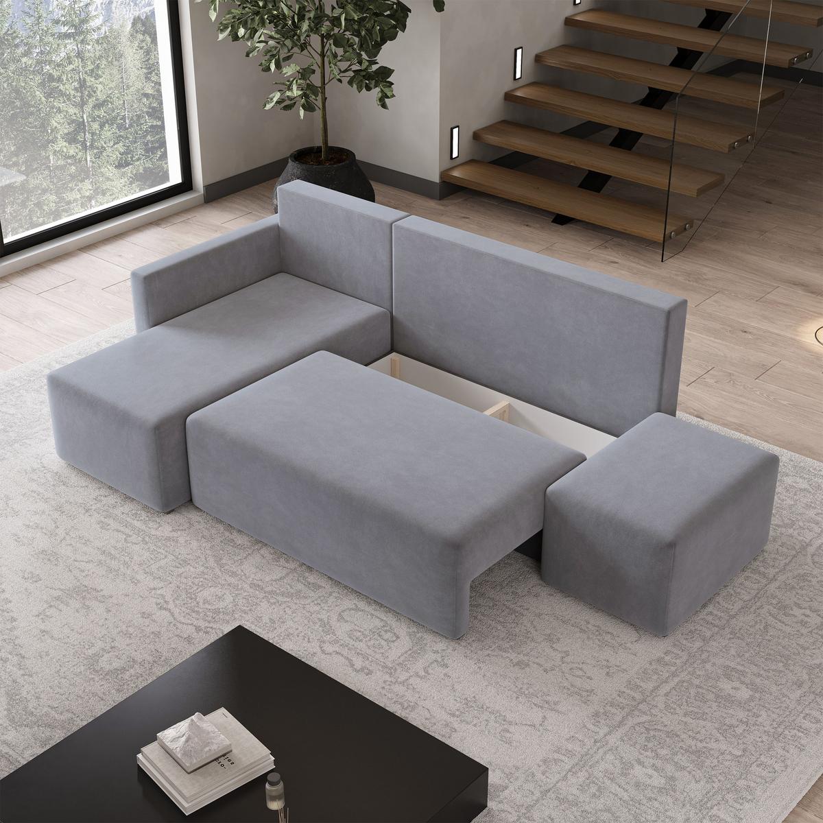 ECKSOFA VELOTTI L-S Grau Plüsch-Stoff mit Schlaffunktion - Grau, Holz (261/143cm) - MASSENO