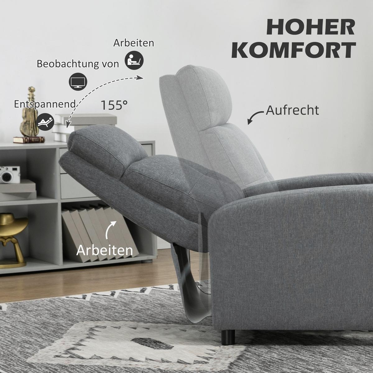 RELAXSESSEL, Fernsehsessel mit Liegefunktion, TV-Sessel mit Leinenoptik, Grau - Grau, Textil (67/98/87cm) - HOMCOM