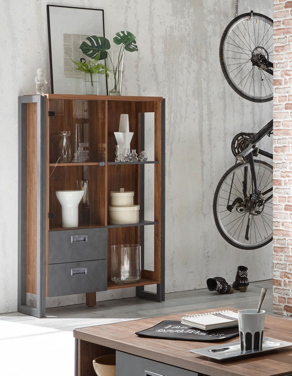 HIGHBOARD Eiche Stirling, Matera grau, Vitrine 90 x 140 cm - Eichefarben/Grau, Holzwerkstoff/Metall (90/140/33cm)