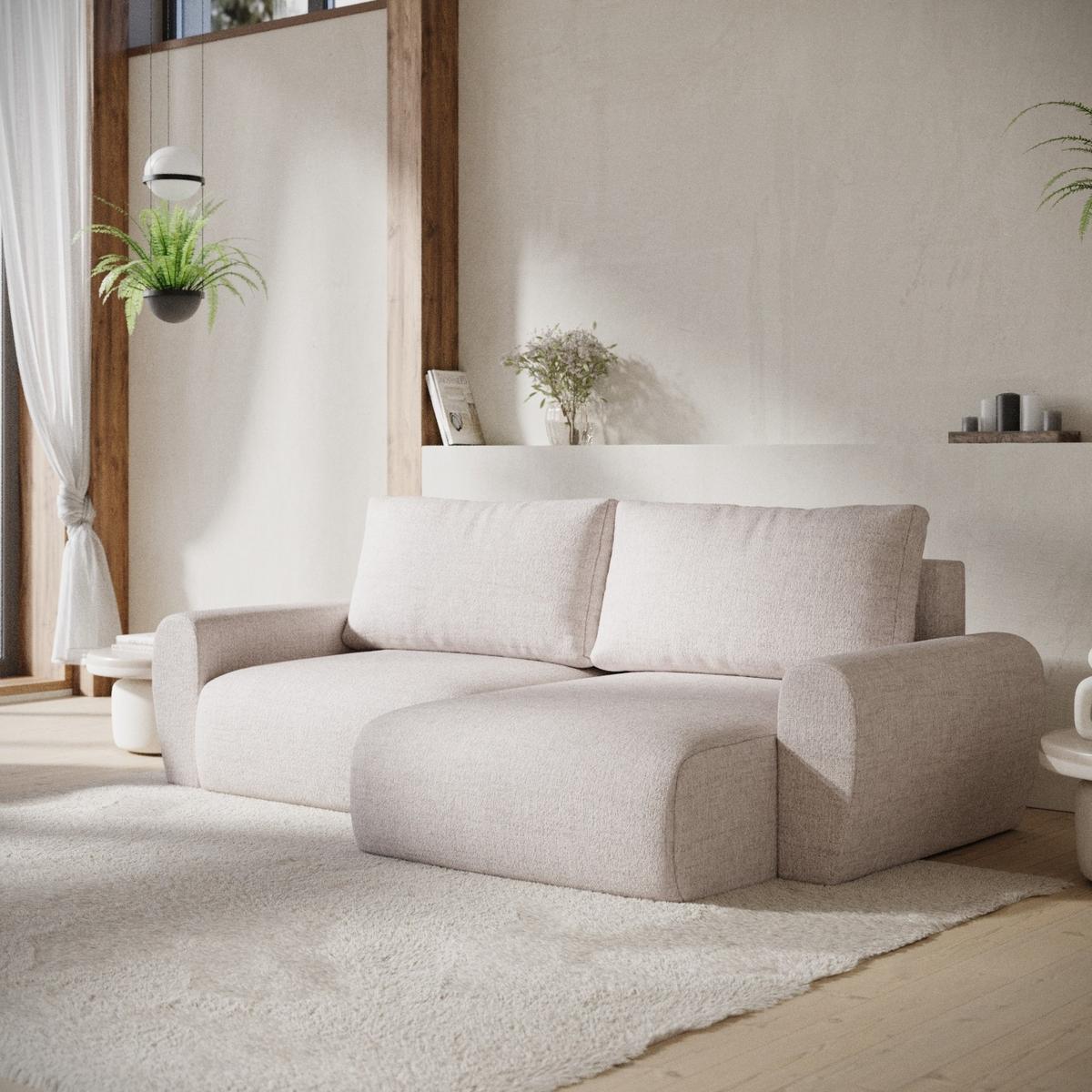 ECKSOFA OMARI mit Schlaffunktion Hellbeige im Neve Stoff - Sandfarben/Schwarz, Holz/Holzwerkstoff (253/153cm) - AltaBeds