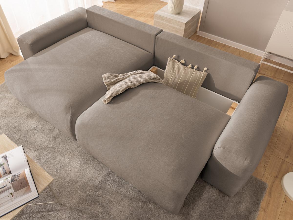 ECKSOFA Puffy mit Schlaffunktion und Bettkasten - besonders weich und puffig aus Greige Webstoff - Ottomane links - Greige/Schwarz, Holz/Kunststoff (138/266cm) - S-Style Möbel