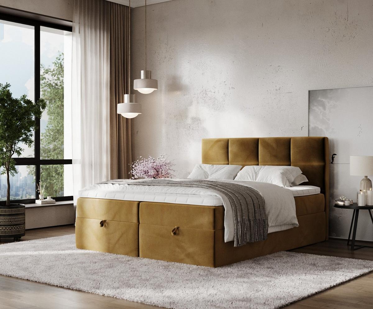 BOXBETT Velto 180/200 cm Honiggelb im Kronos Stoff - Schwarz/Honig, Holz/Holzwerkstoff (180/200cm) - AltaBeds