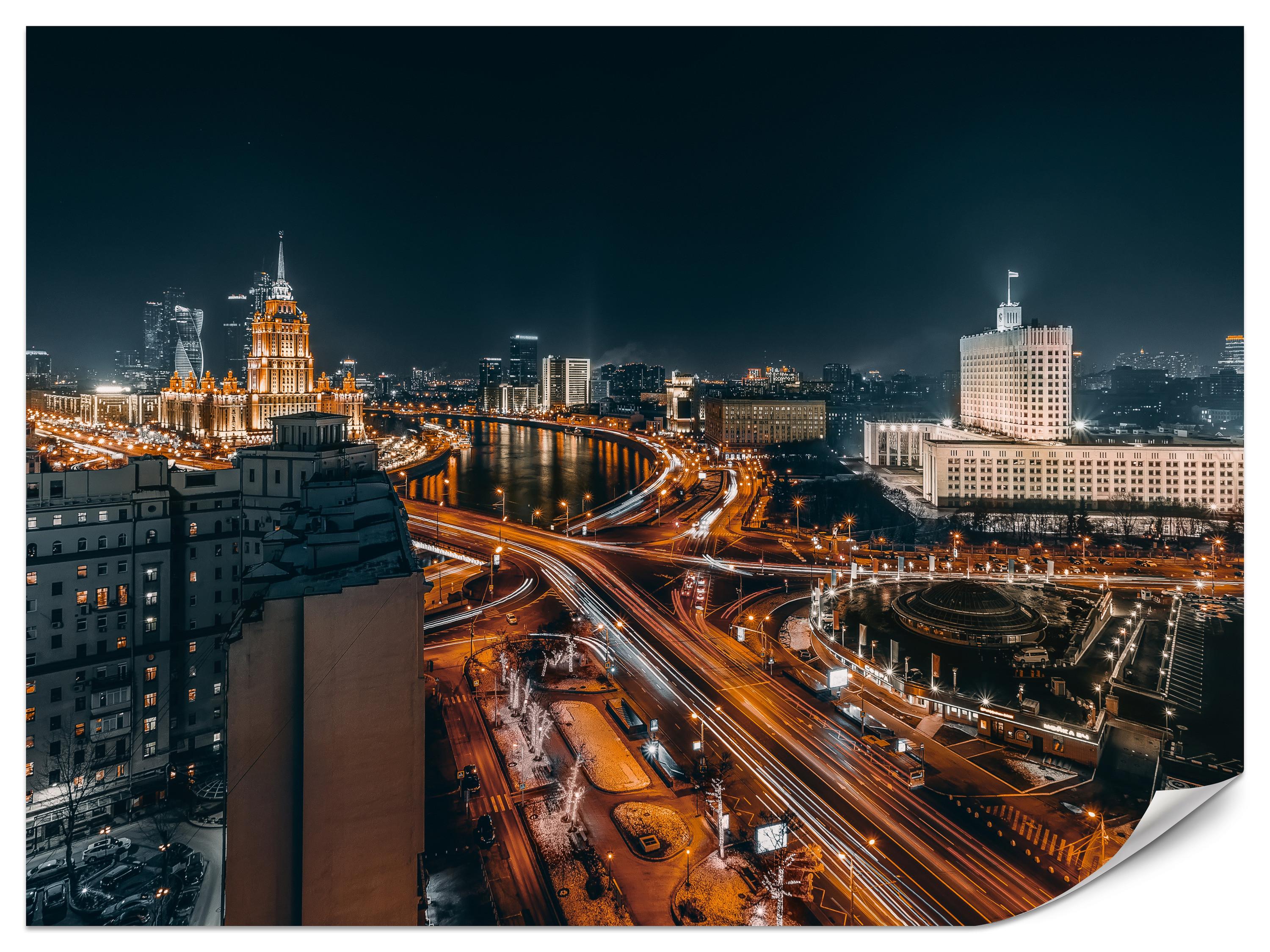 FOTOTAPETE für Wohnzimmer Moskau Nacht Panorama Metropole Straßen 100x70 - Beige/Schwarz, Papier (100/70cm) - Muralo
