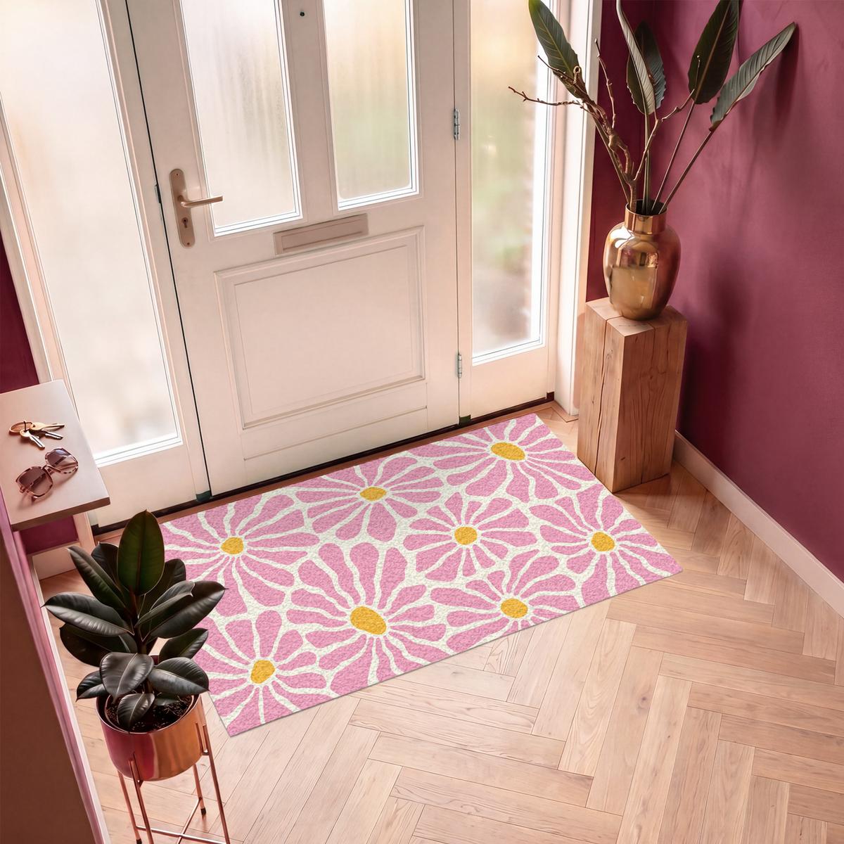 FUSSMATTE Blumen - Muster - Rosa - Beige - Orange Sauberlaufmatte 150x90 cm - Rosa, Kunststoff (150/0.4cm) - MuchoWow