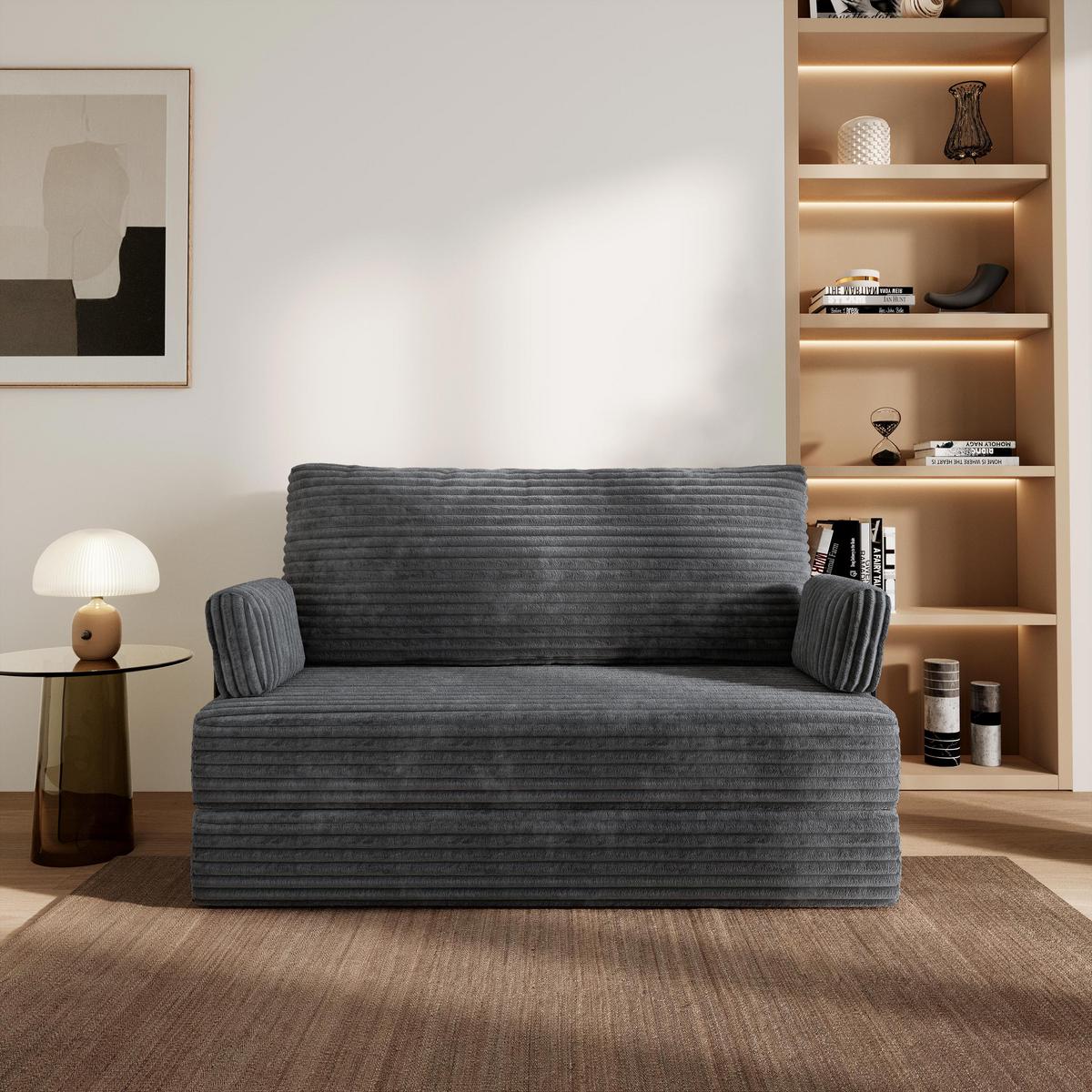 BETTSOFA LADIA aus Schaumstoff Kordstoff Grau Schlaffunktion - Dunkelgrau, Textil (140/86/60cm) - MASSENO