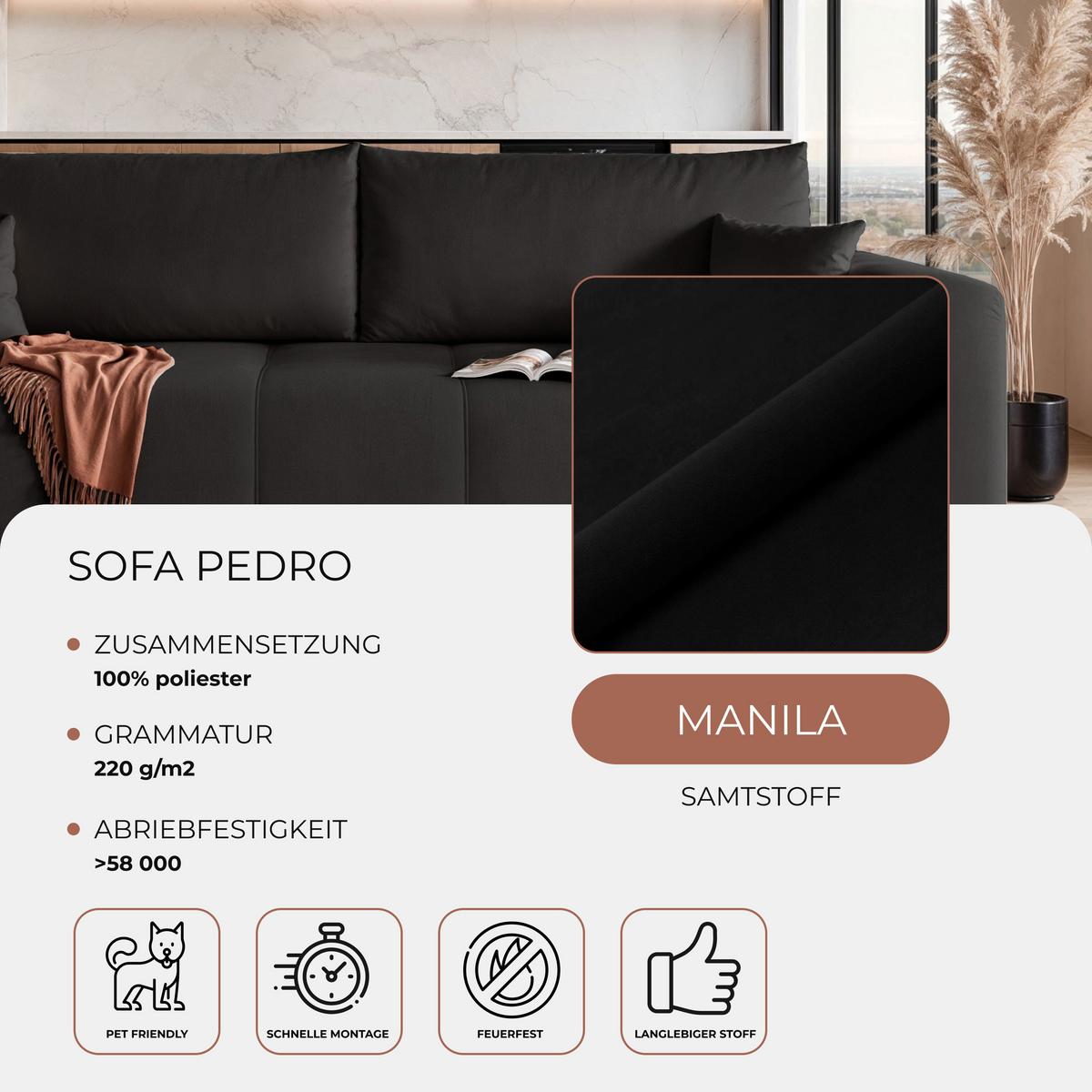 SCHLAFSOFA Velours mit Bettkasten und Schlaffunktion - Schwarz, Holzwerkstoff/Textil (246/79/93cm) - Idohome