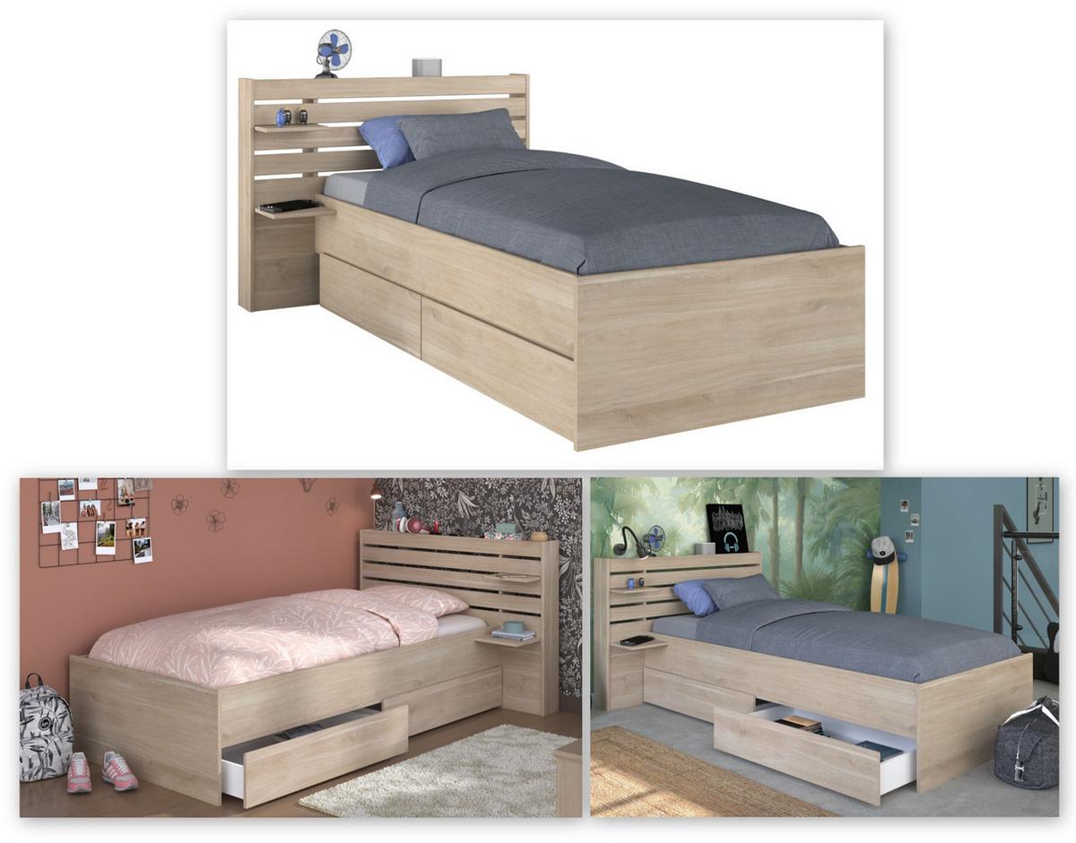 STAURAUMBETT Jugendzimmer Bett 90 x 200 mit 2 x Bettschubkasten - Eichefarben, Holz/Holzwerkstoff (90/200cm) - Parisot Meuble