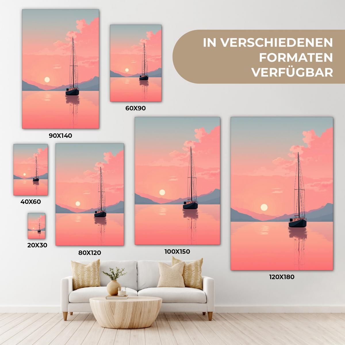 LEINWANDBILD Segelboot - Rosa Meer - Sonnenuntergang - Berge Wanddeko 40x60 cm - Rosa, Textil (40/60cm) - MuchoWow