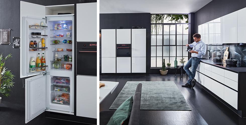 Edle Küche in Alpinweiß und Schwarz inklusive hochwertigen Kühlschrank von mömax.
