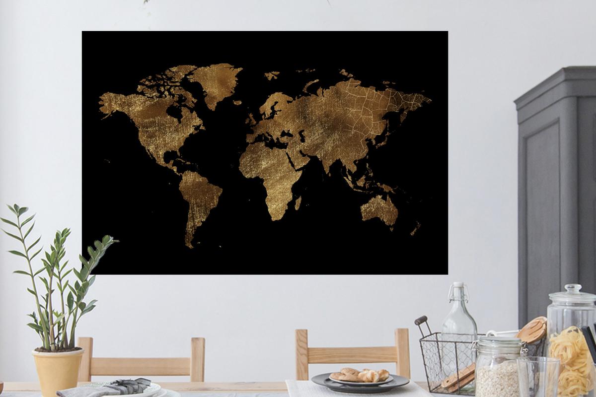 WANDTATTOO Weltkarte - Gold - Luxus - Erde - Schwarz Wandsticker 120x80 cm - Goldfarben, Kunststoff (120/80/0.1cm) - MuchoWow