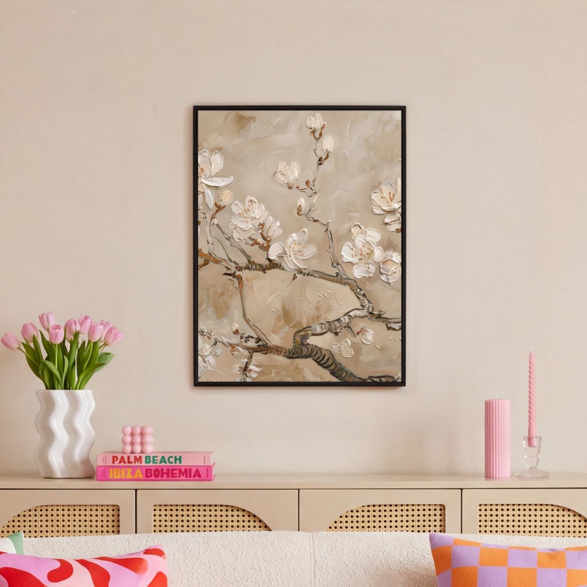 LEINWAND Bilder mit Rahmen - Blumen - Modern - Beige - Weiß - Blüte - 60x80 - Beige, Textil (60/80cm) - MuchoWow