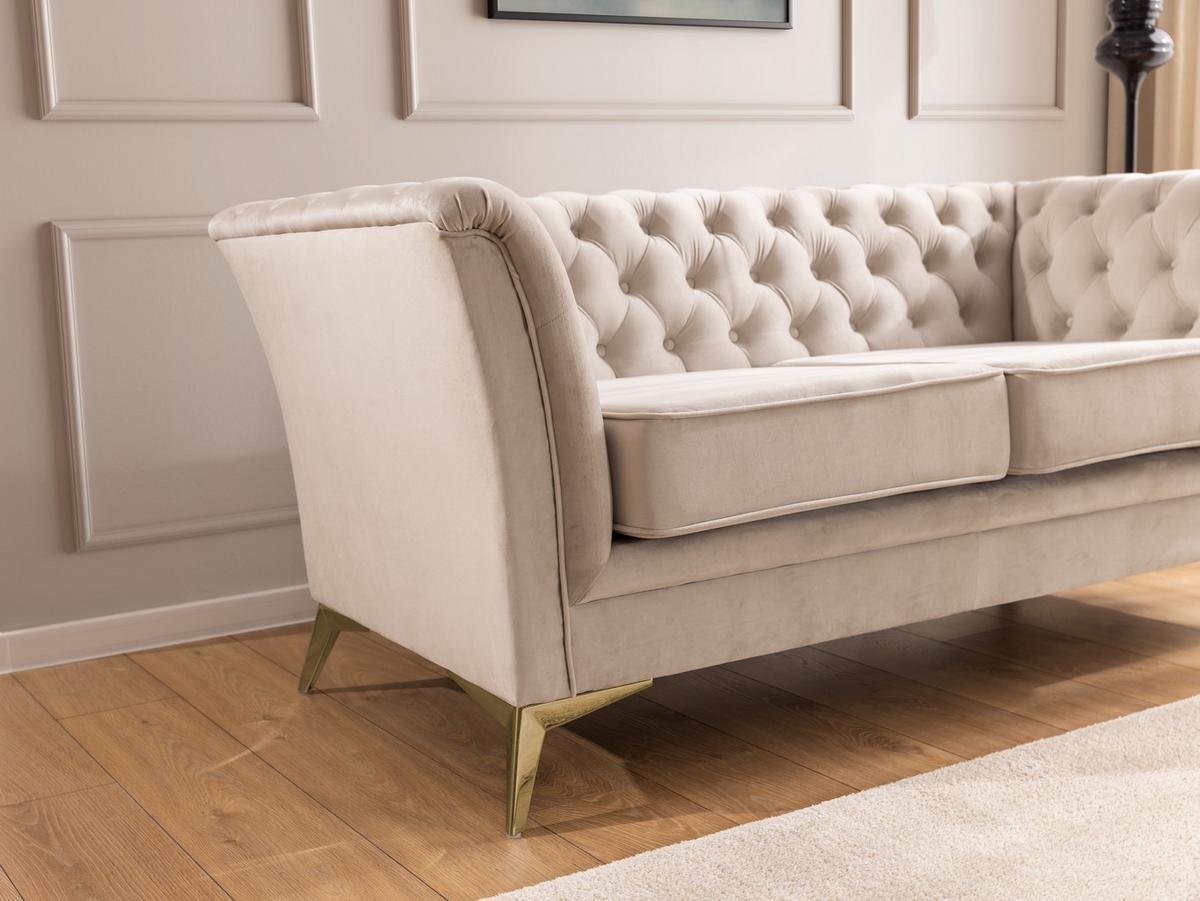 CHESTERFIELD-SOFA 2-sitzer Whitby Beige Samt mit goldenen Füßen - Beige/Goldfarben, Holz/Textil (175/78/82cm) - S-Style Möbel