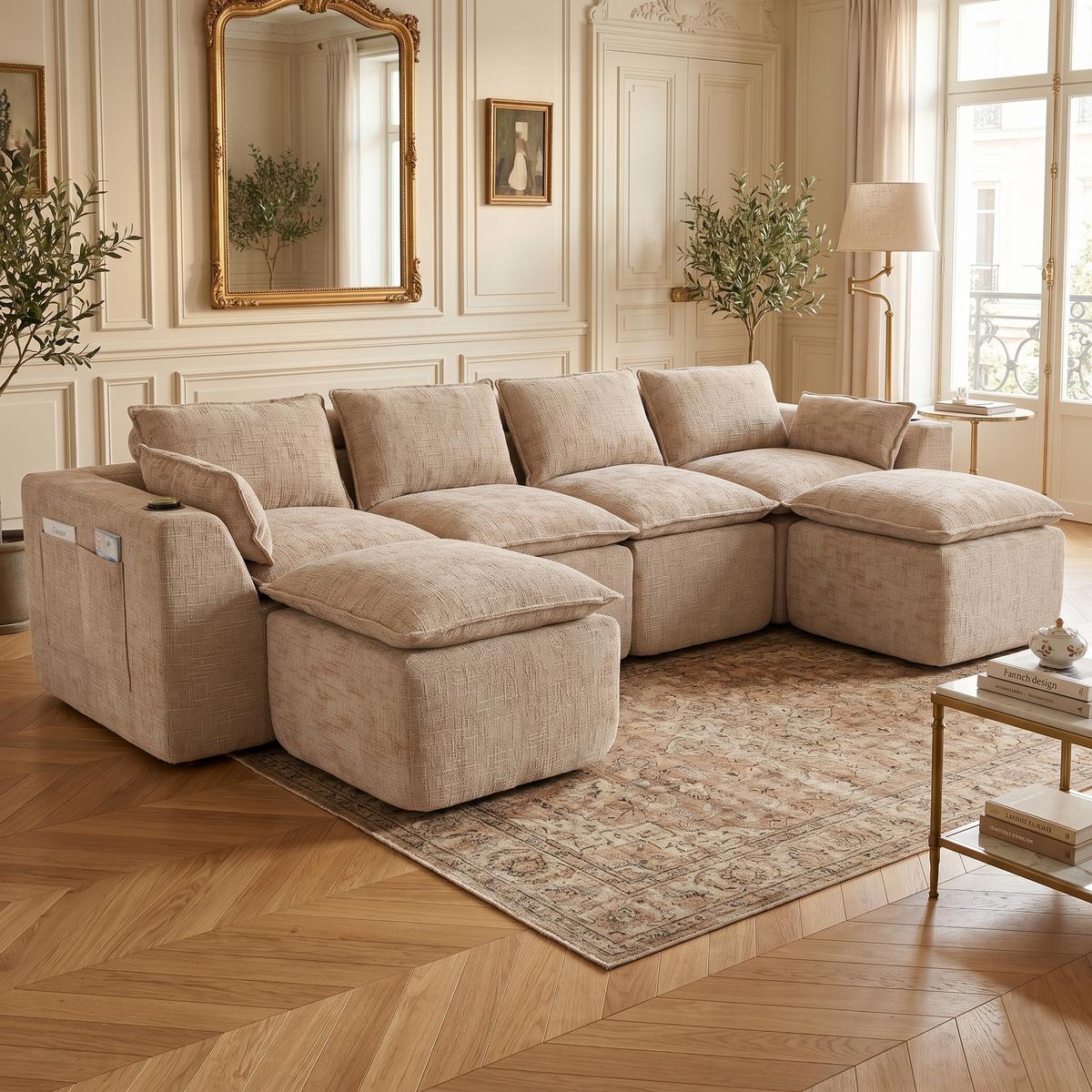 4-SITZER-SOFA aus chenille, modular mit 2 fußhockern und getränkehaltern - Sandfarben, Textil (322/75/161cm) - Urban Meuble