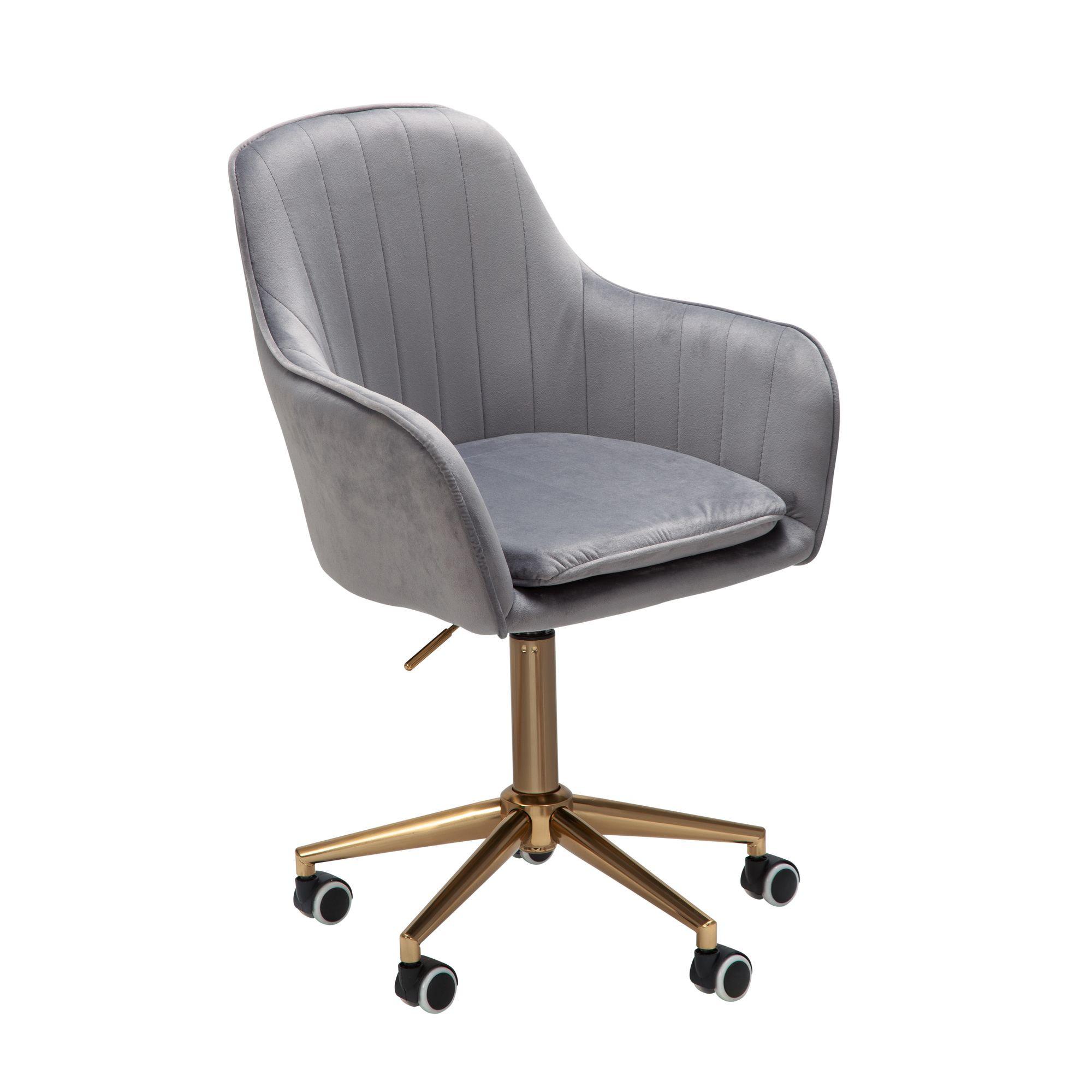 SCHREIBTISCHSTUHL Samt drehbar mit Lehne, Schalenform, Rollen und Höhenverstellung, Grau 54x52x105 cm - Goldfarben/Grau, Textil/Metall (54/105/52cm) - KADIMA DESIGN