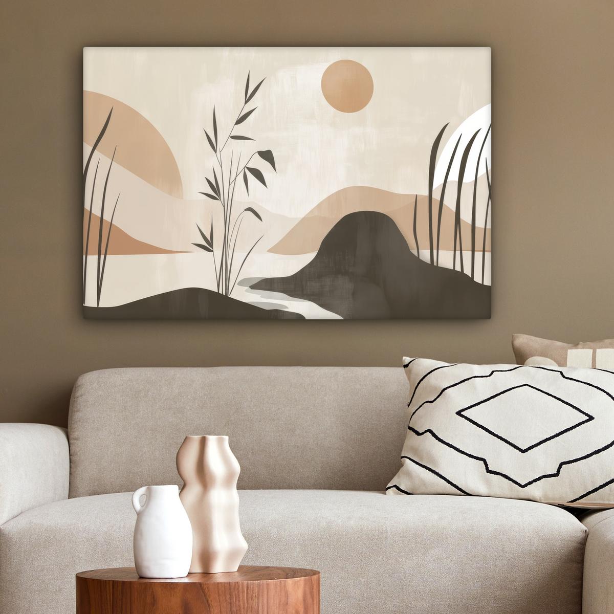 LEINWANDBILD Japandi - Landschaft - Beige Gemälde 60x40 cm - Cognac, Textil (60/40cm) - MuchoWow