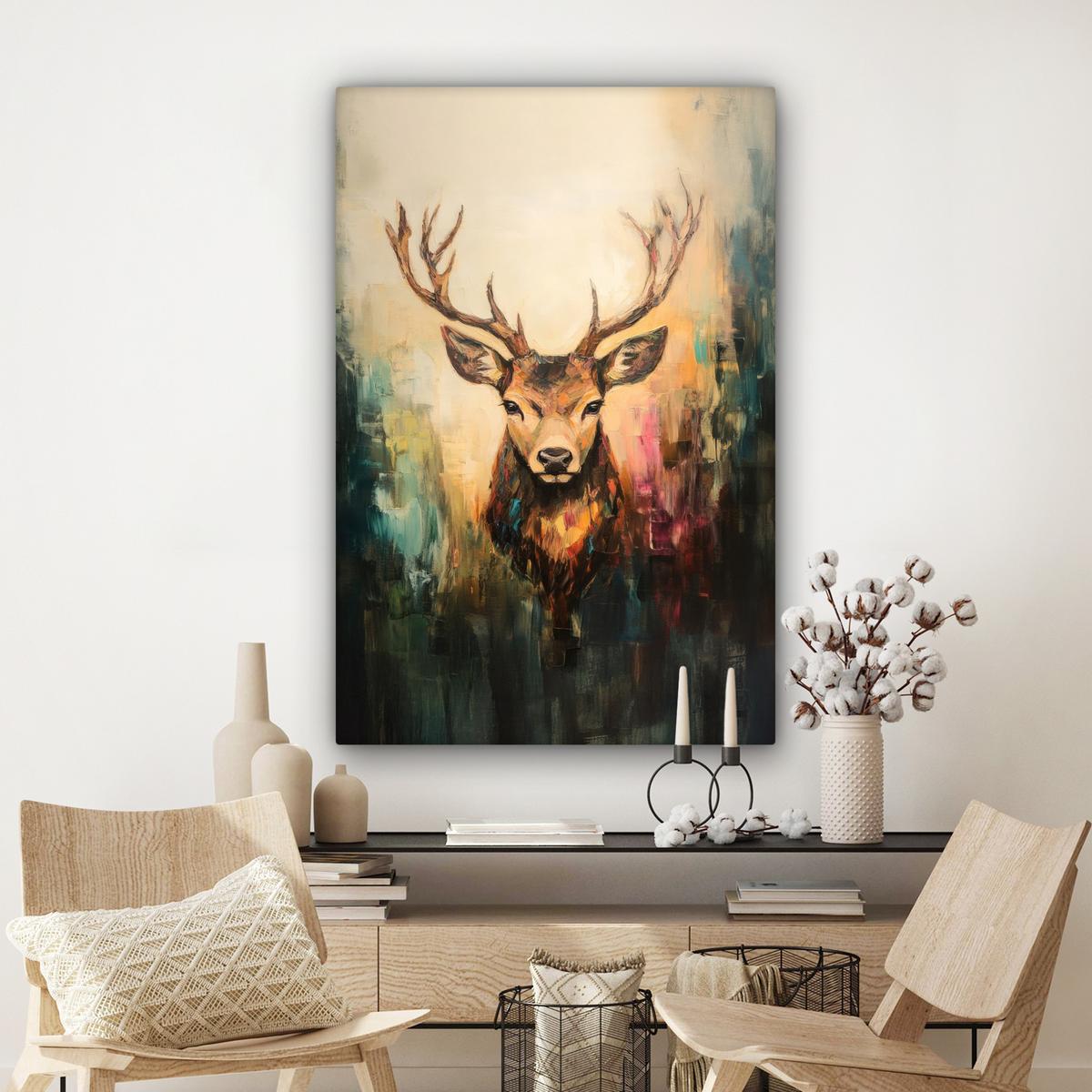 LEINWANDBILD Hirsch - Gemalt - Geweih - Braun Deko XXL 80x120 cm - Haselnussfarben, Textil (80/120cm) - MuchoWow