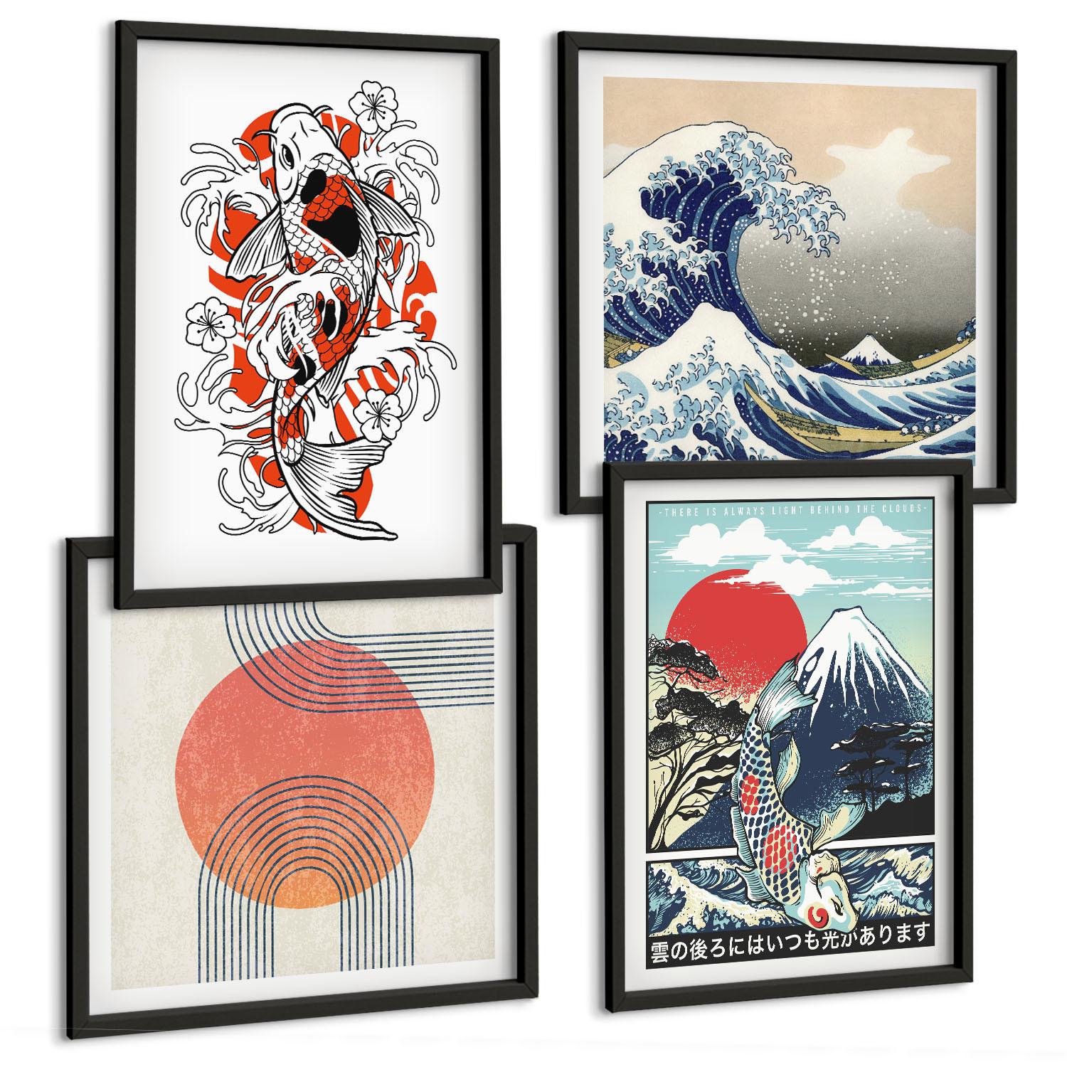 BILDER SET 4er Set - 50x50 cm & 40x60 cm Schwarzer Rahmen - Illustrationen von Fischbergen, die sich in Japan ausbreiten - Schwarz, Kunststoff (50/50cm) - TULUP